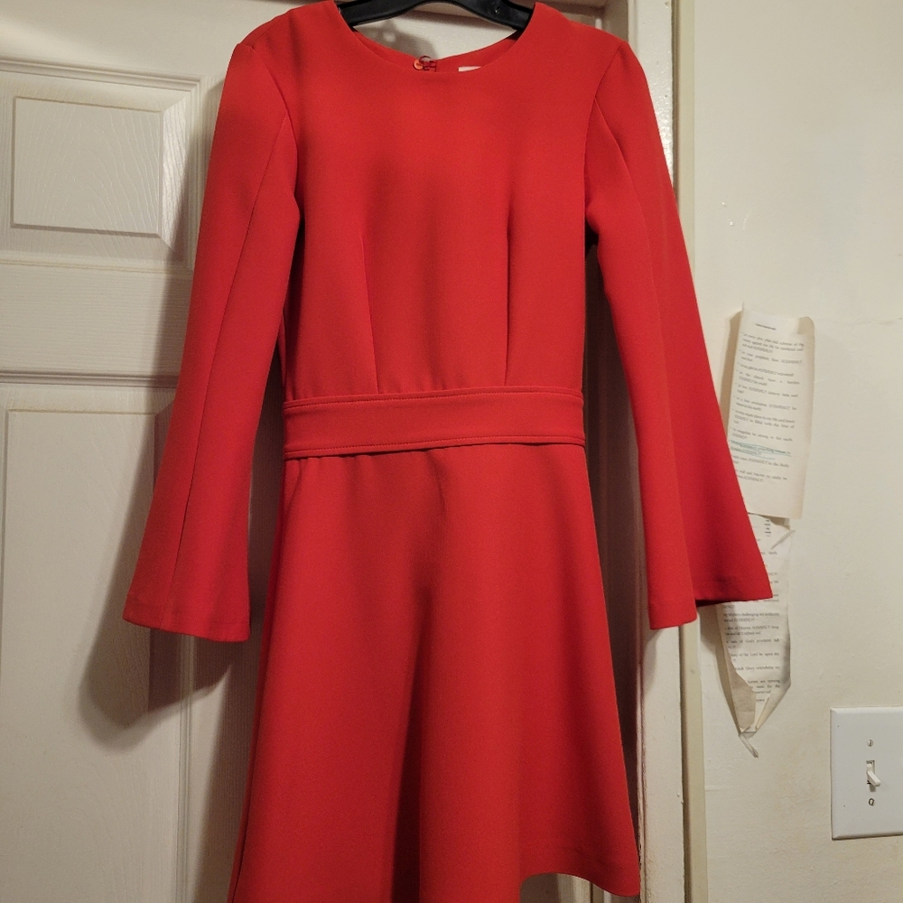 Orange/red color fitted dress, flare sleeves and skirt. Never worn.